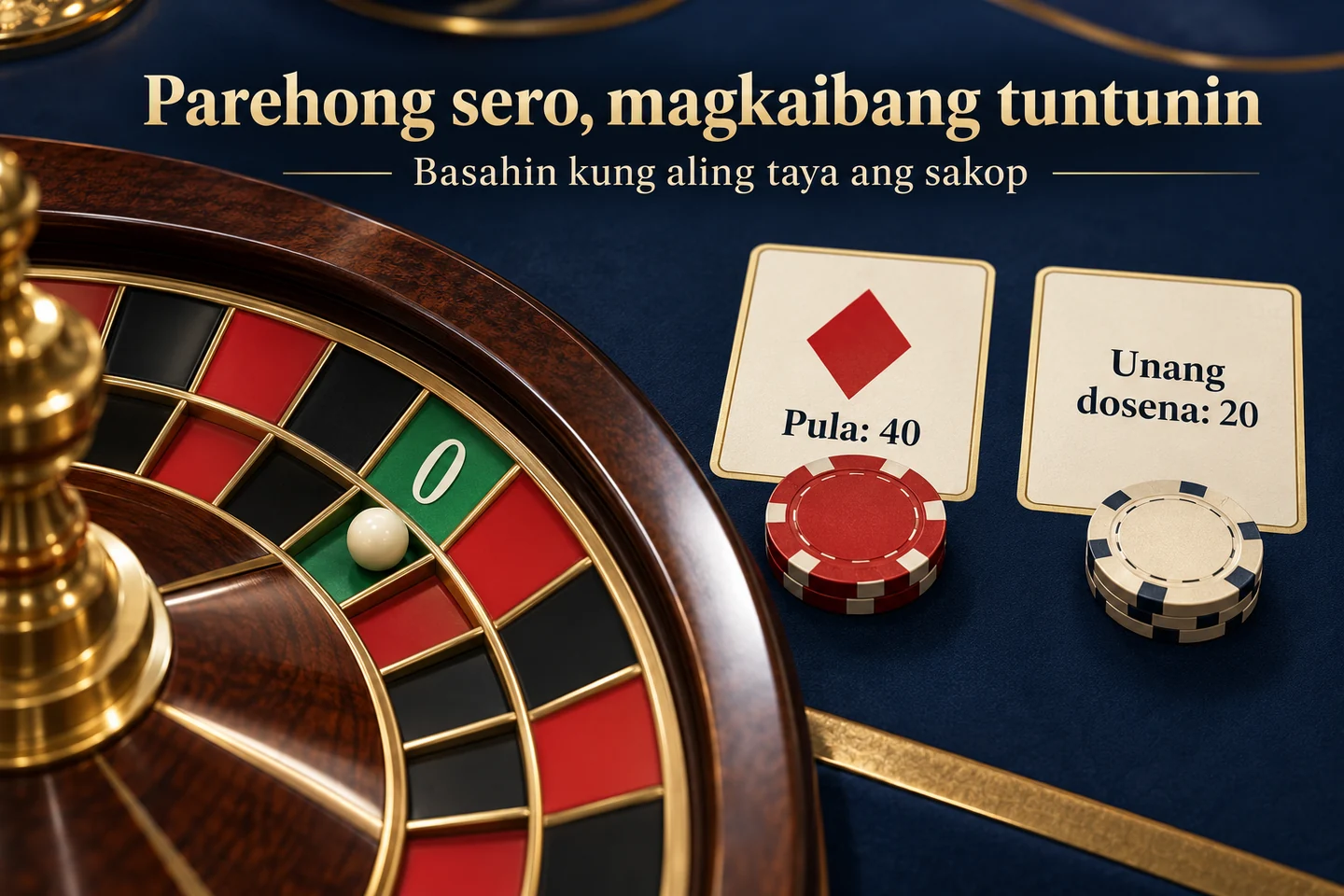 Roulette wheel with ball at zero and two example bets: red 40 and first dozen 20.
