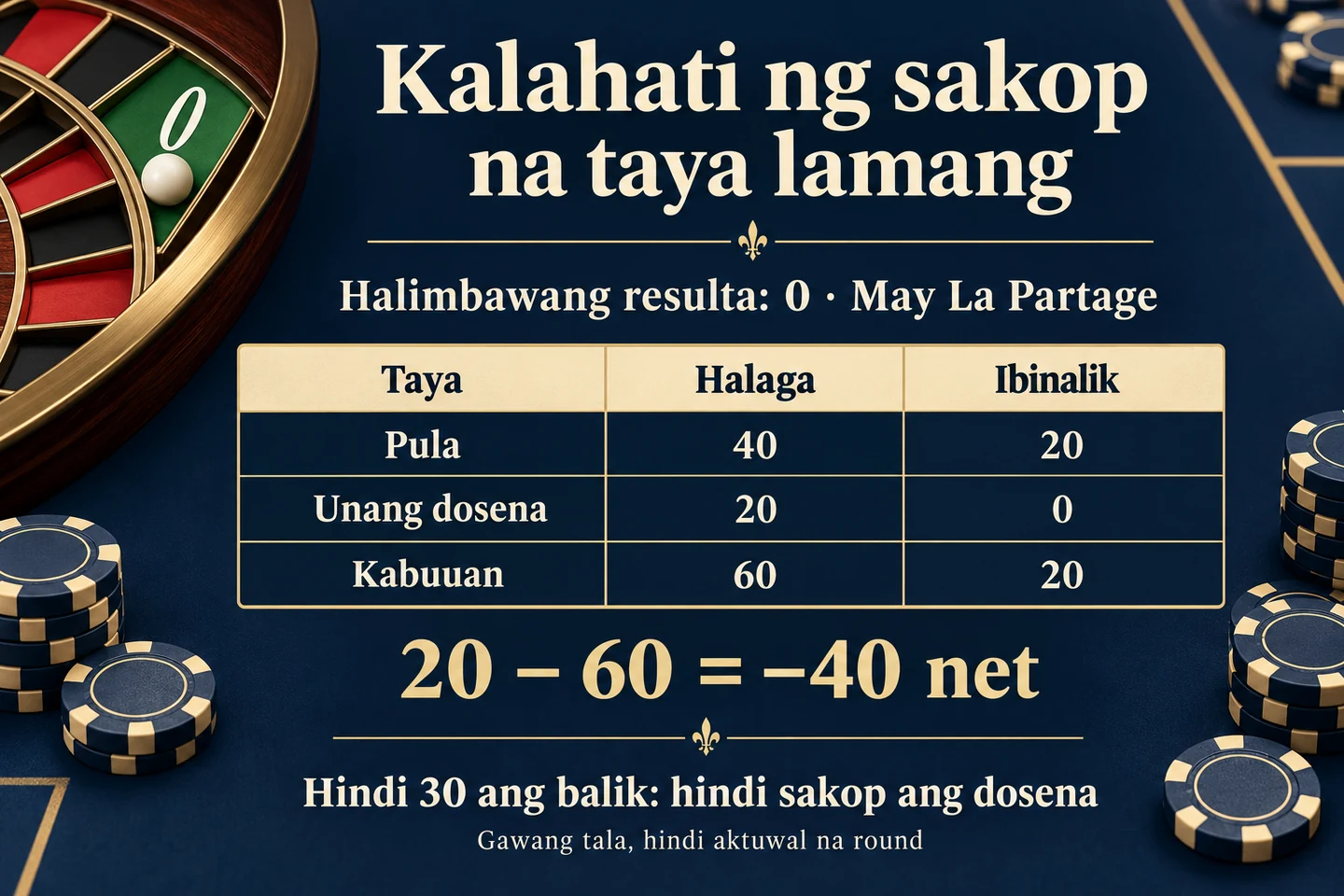 La Partage at zero: out of a total stake of 60, only red has a refund of 20; net is minus 40.