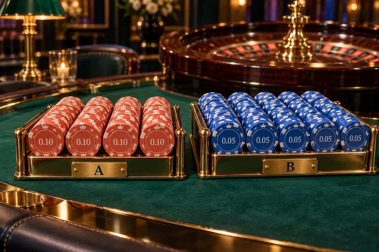 Roulette chip racks separate coral 0.10-denomination chips and cobalt 0.05-denomination chips.