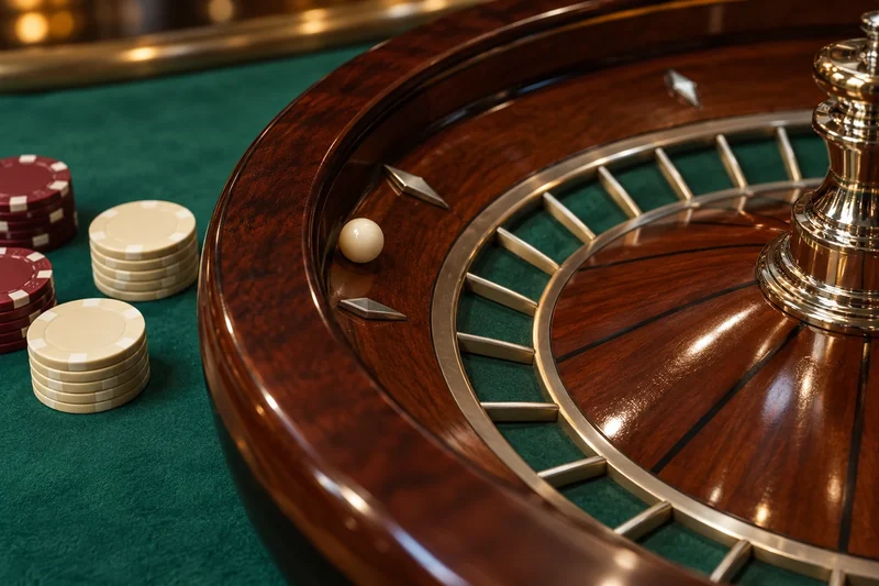 Stylized roulette bowl with a white ball and stacks of chips.
