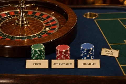 Unbranded roulette wheel and separate teaching plaques PROFIT, RETURNED STAKE and ROUND NET