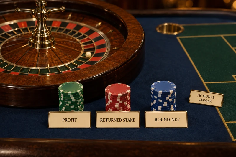 Unbranded roulette wheel and separate teaching plaques PROFIT, RETURNED STAKE and ROUND NET