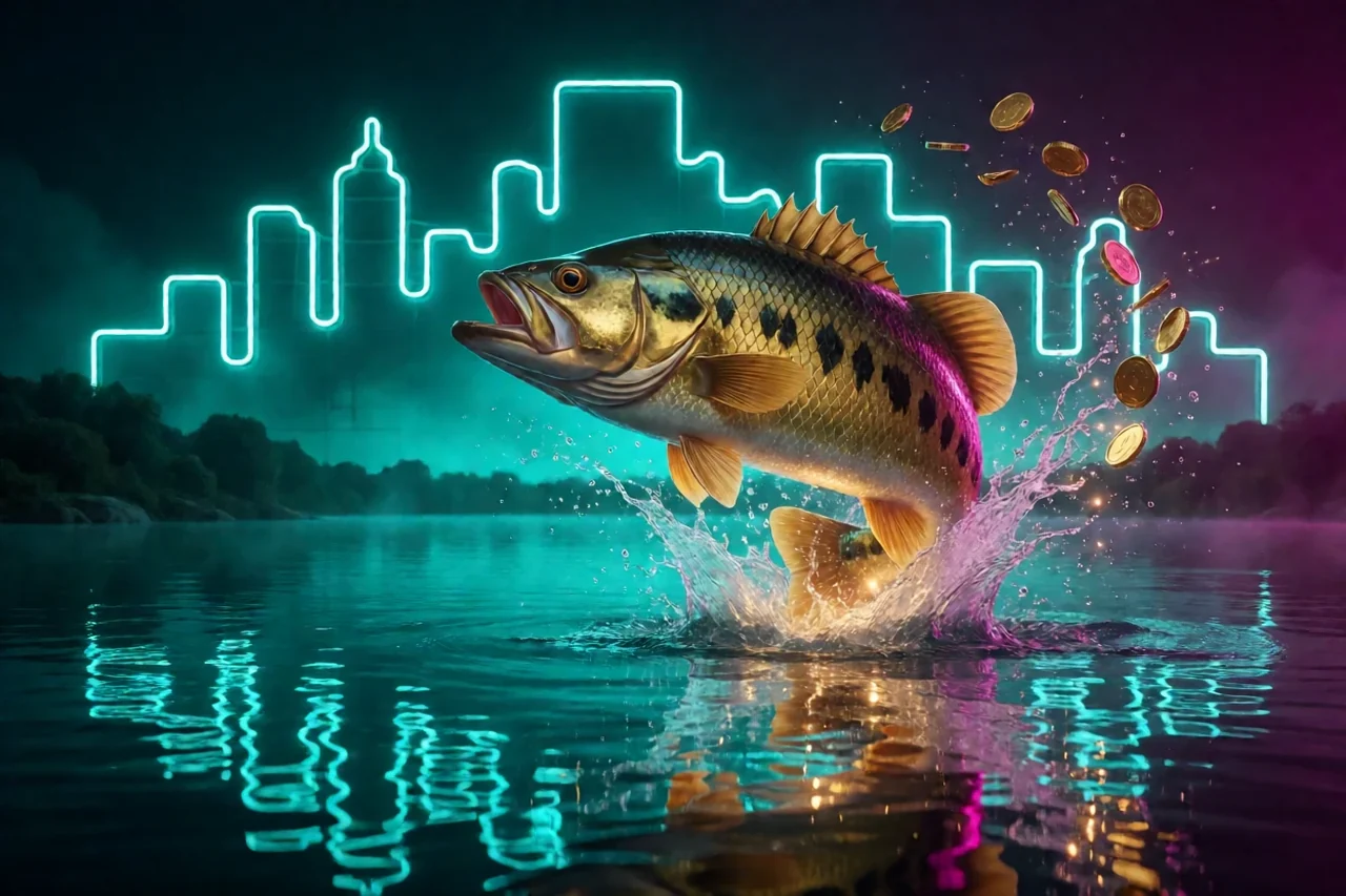 Golden bass fish leaping from a glowing turquoise lake at night, with gold coins splashing out and a neon skyline outline behind.