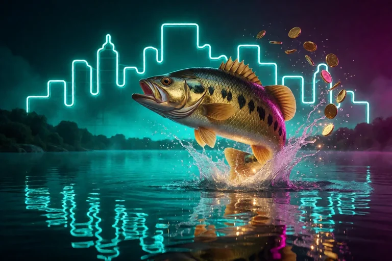 Golden bass fish leaping from a glowing turquoise lake at night, with gold coins splashing out and a neon skyline outline behind.