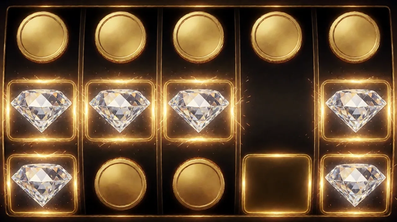 A dark slot grid with plain gold coins and diamonds locked in glowing gold frames and one empty cell, with sparks of light