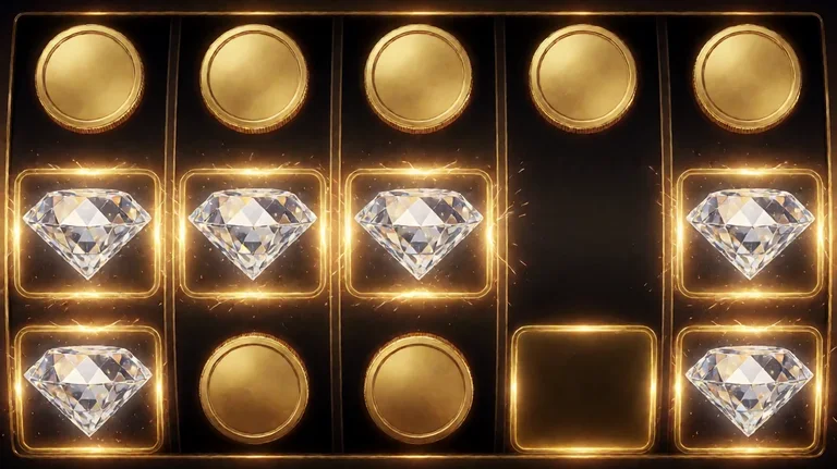 A dark slot grid with plain gold coins and diamonds locked in glowing gold frames and one empty cell, with sparks of light