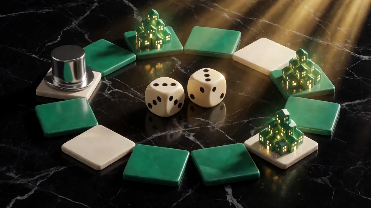 A ring of twelve green and ivory tiles on black marble with a silver top hat token, two ivory dice in the centre and glowing stacks of small green houses on three tiles