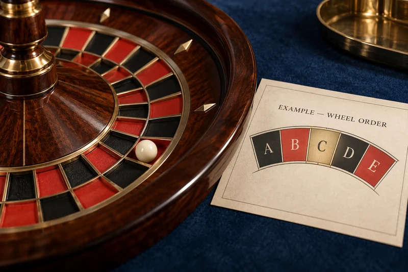 A roulette wheel beside an illustrative five-pocket wheel arc labelled A to E.